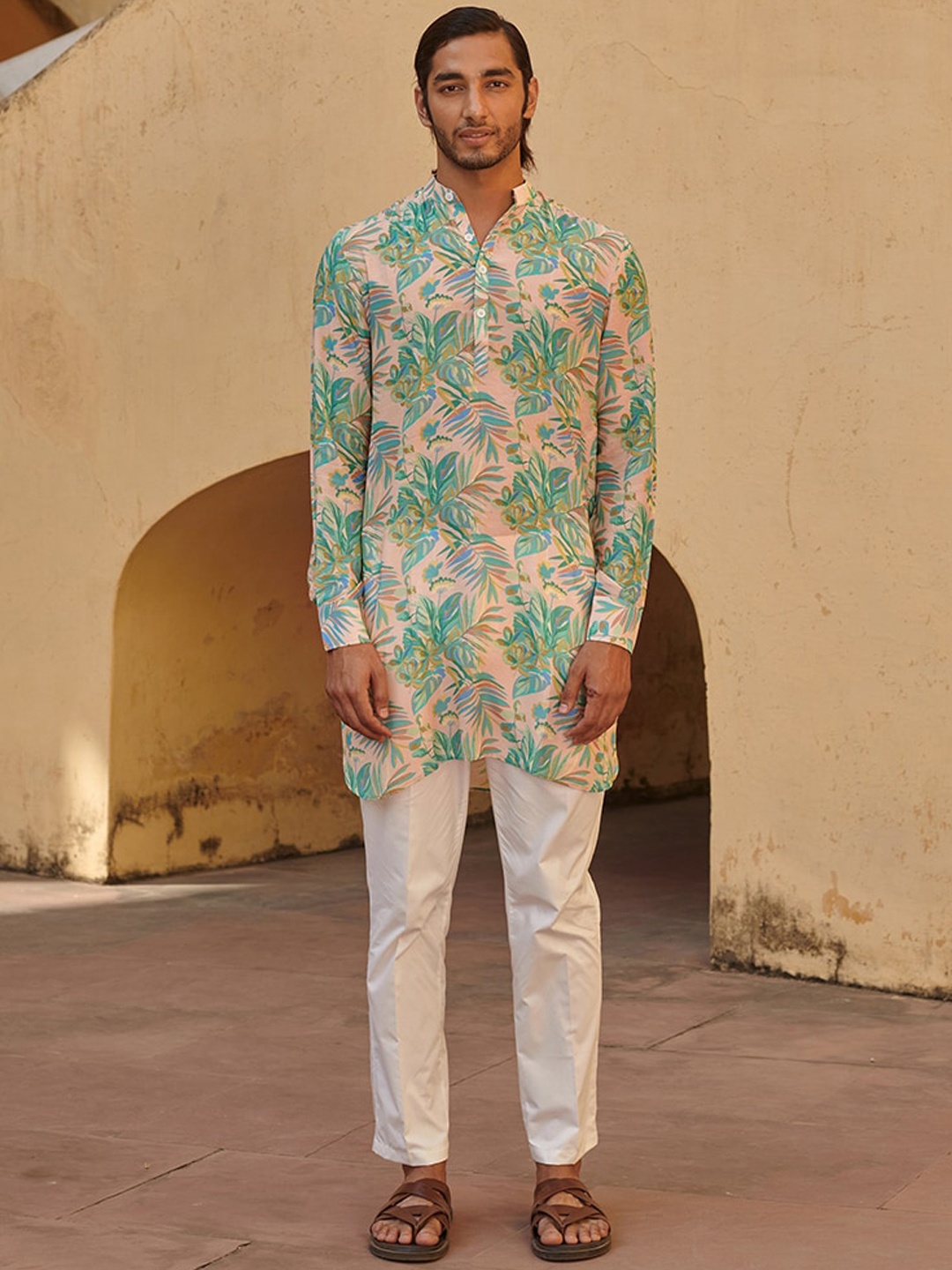 

QB MEN Floral Mandarin Collar Long Sleeves Mirror Work Floral Kurta, Cream