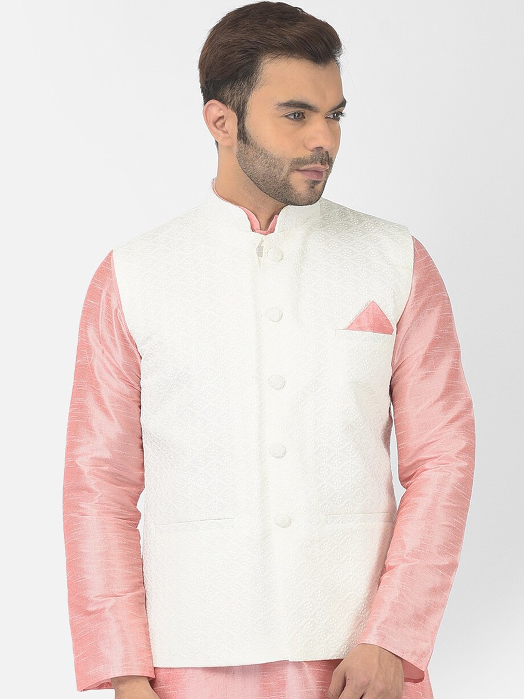 

DEYANN Embroidered Pure Cotton Nehru Jacket, Off white