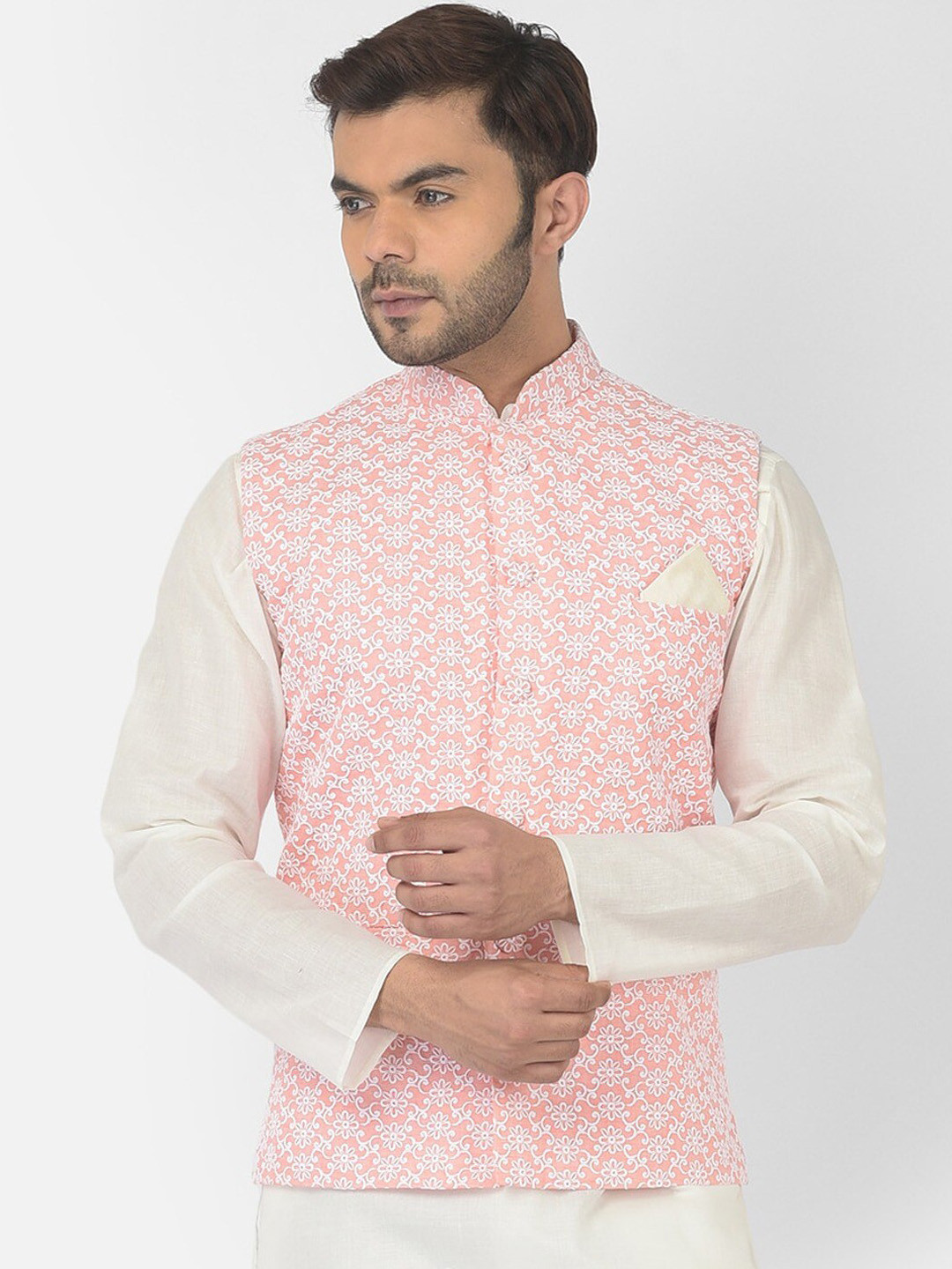 

DEYANN Embroidered Pure Cotton Woven Nehru Jacket, Peach