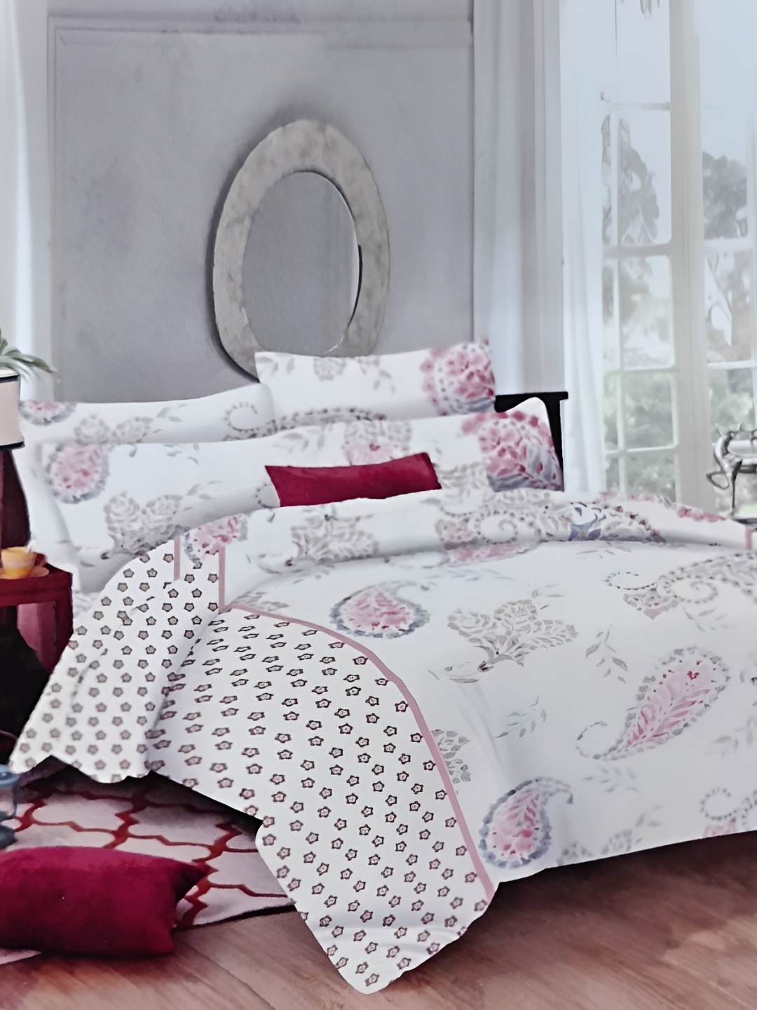 

Signature Cream-Coloured & Pink Floral 180 TC King Bedsheet with 2 Pillow Covers