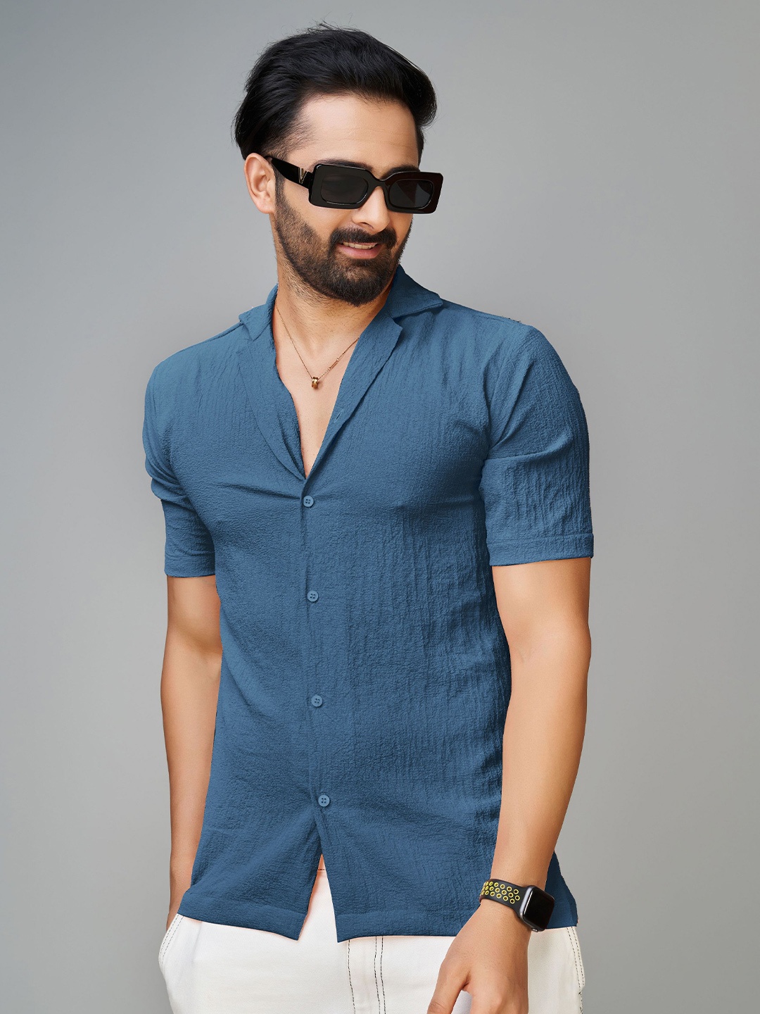 

Reeta Fashion Comfort Self Design Cuban Collar Casual Shirt, Blue