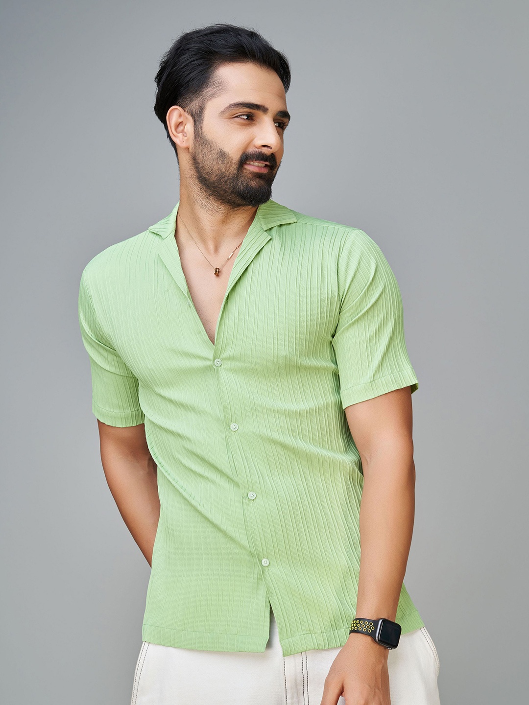 

Reeta Fashion Vertical Striped Lapel Collar Comfort Casual Shirt, Green