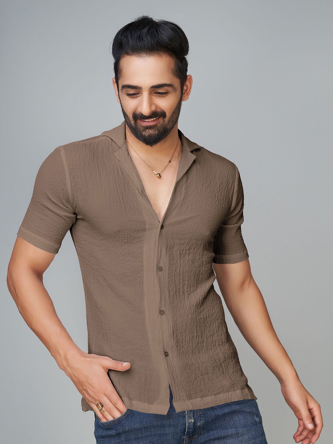 

Reeta Fashion Textured Self Design Comfort Casual Shirt, Brown