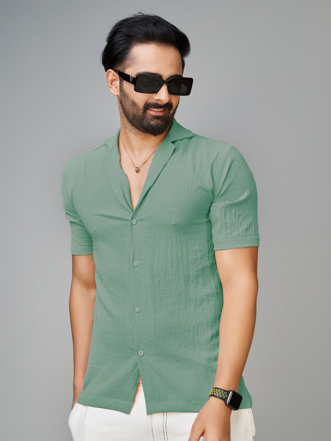 

Reeta Fashion Comfort Self Design Cuban Collar Casual Shirt, Green