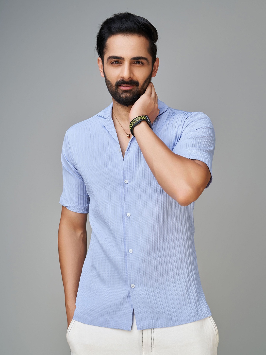 

Reeta Fashion Comfort Striped Cuban Collar Casual Shirt, Blue