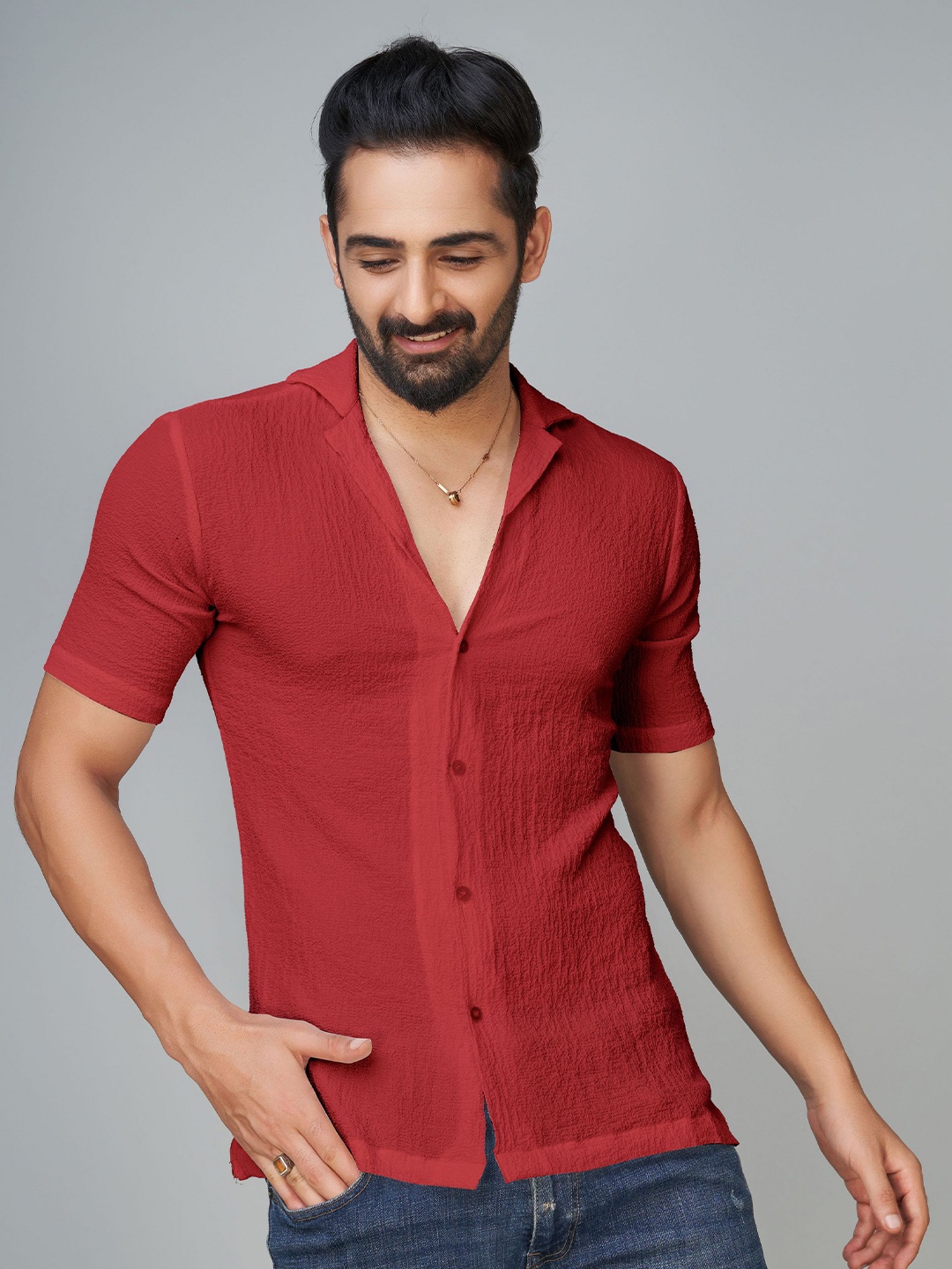 

Reeta Fashion Comfort Self Design Opaque Cuban Collar Casual Shirt, Maroon