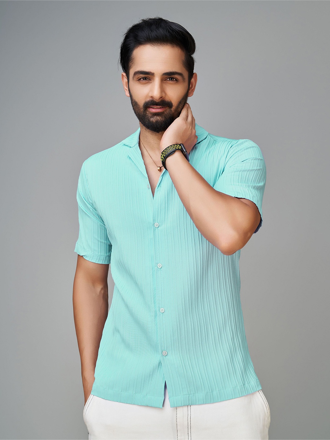 

Reeta Fashion Comfort Striped Cuban Collar Casual Shirt, Blue