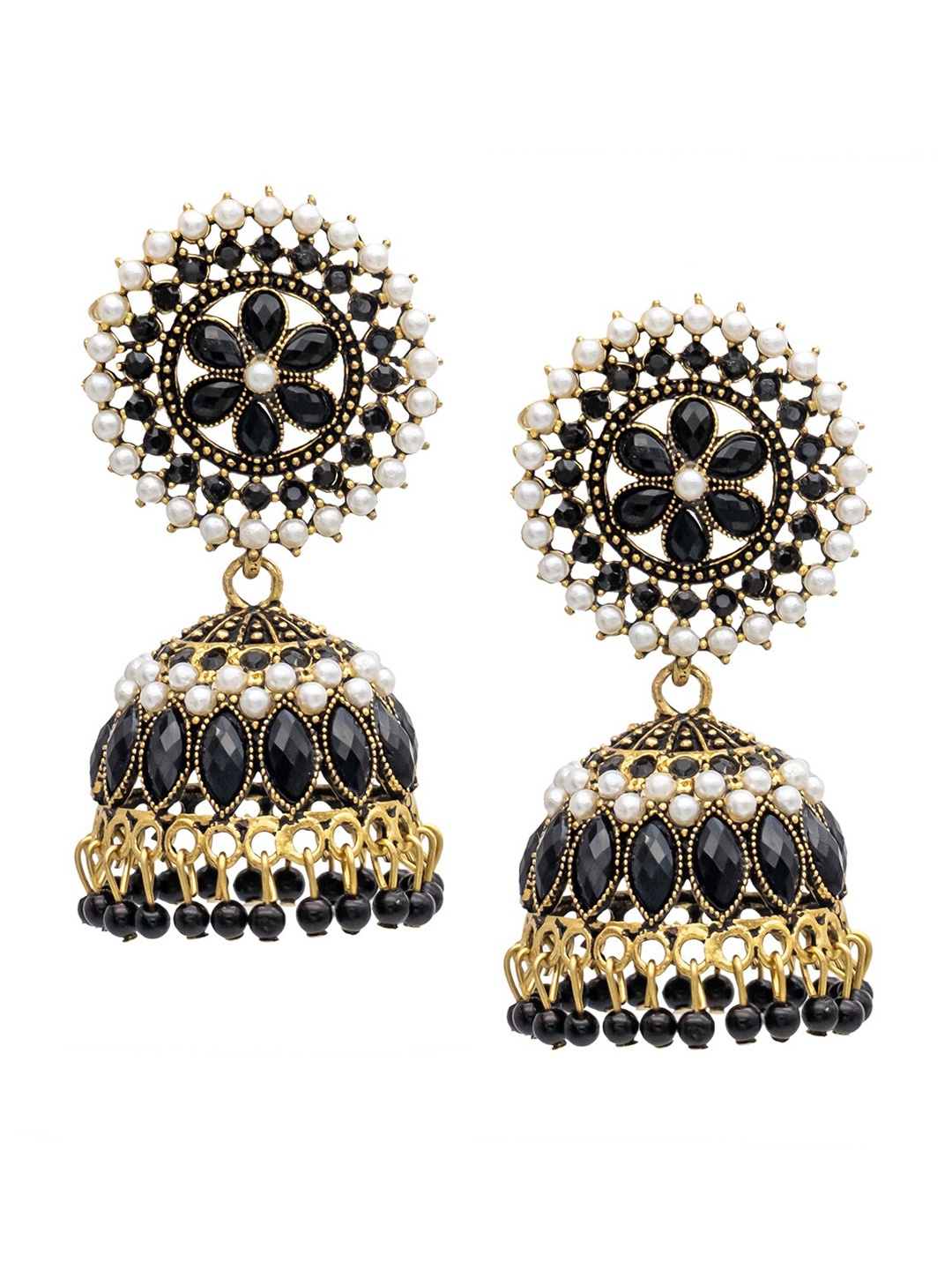 

Shining Jewel - By Shivansh Gold Plated Cubic Zirconia Dome Shaped Jhumkas, Black