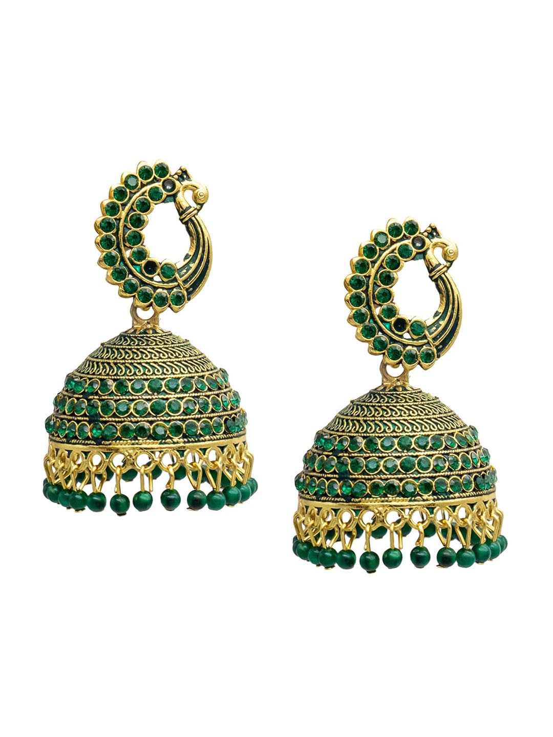 

Shining Jewel - By Shivansh Gold-Plated Cubic Zirconia Studded & Beaded Jhumkas