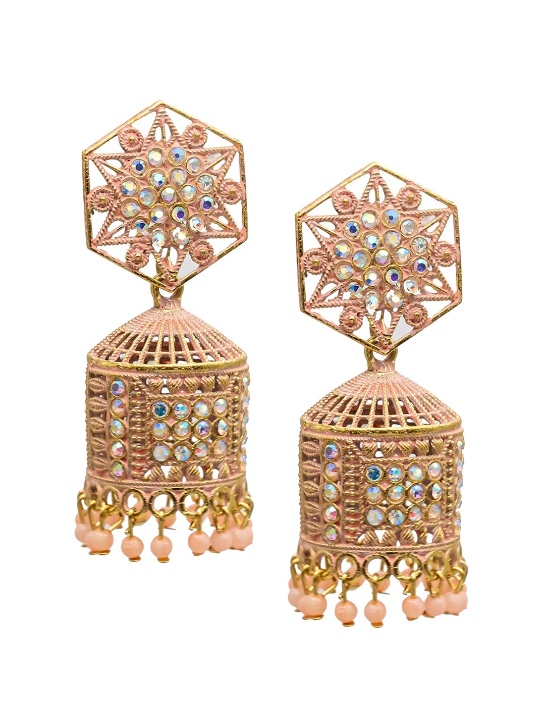 

Shining Jewel - By Shivansh Gold-Plated Cubic Zirconia Studded & Beaded Jhumkas