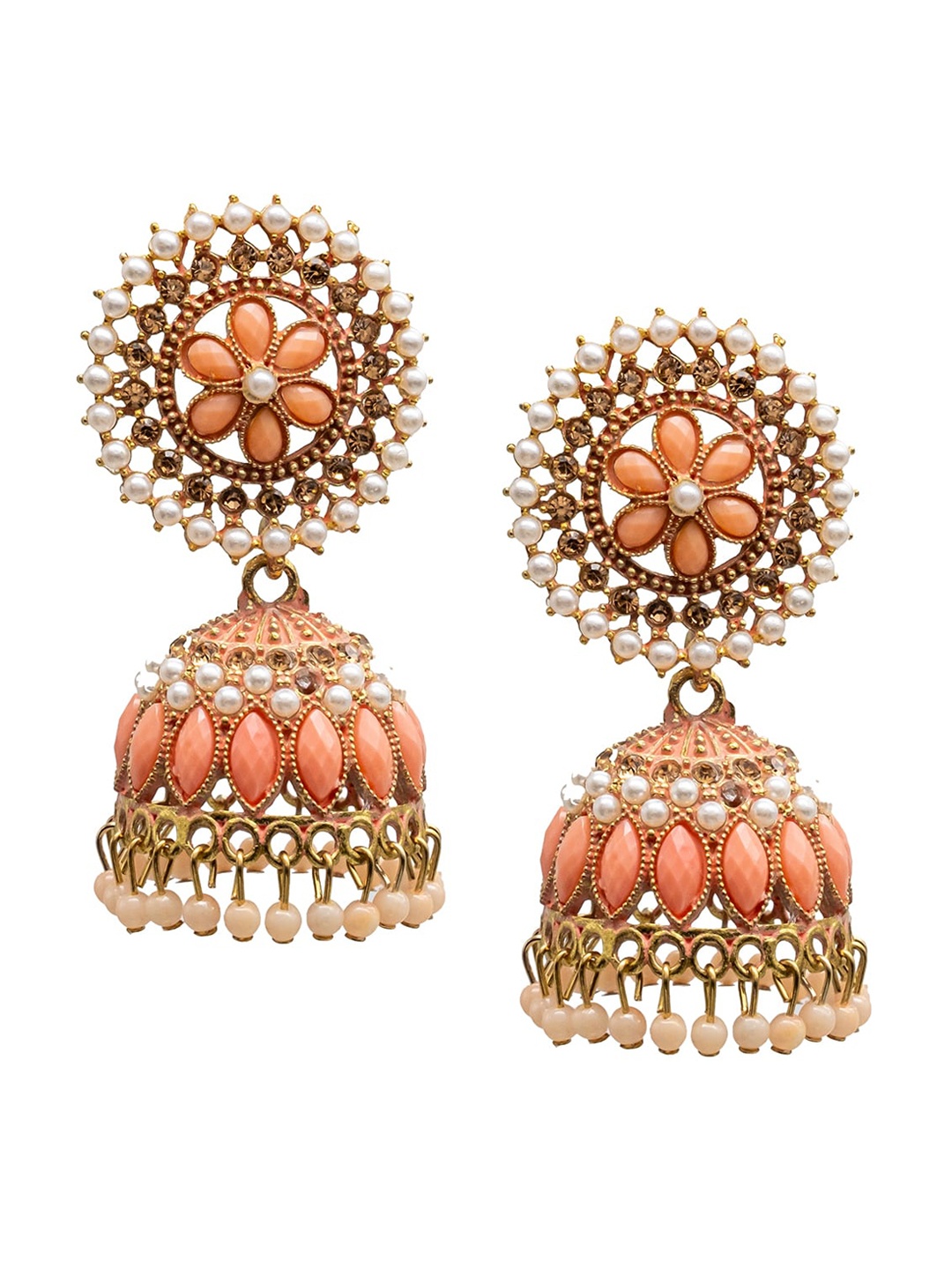 

Shining Jewel - By Shivansh Gold-Plated Cubic Zirconia Studded Contemporary Jhumkas, Orange