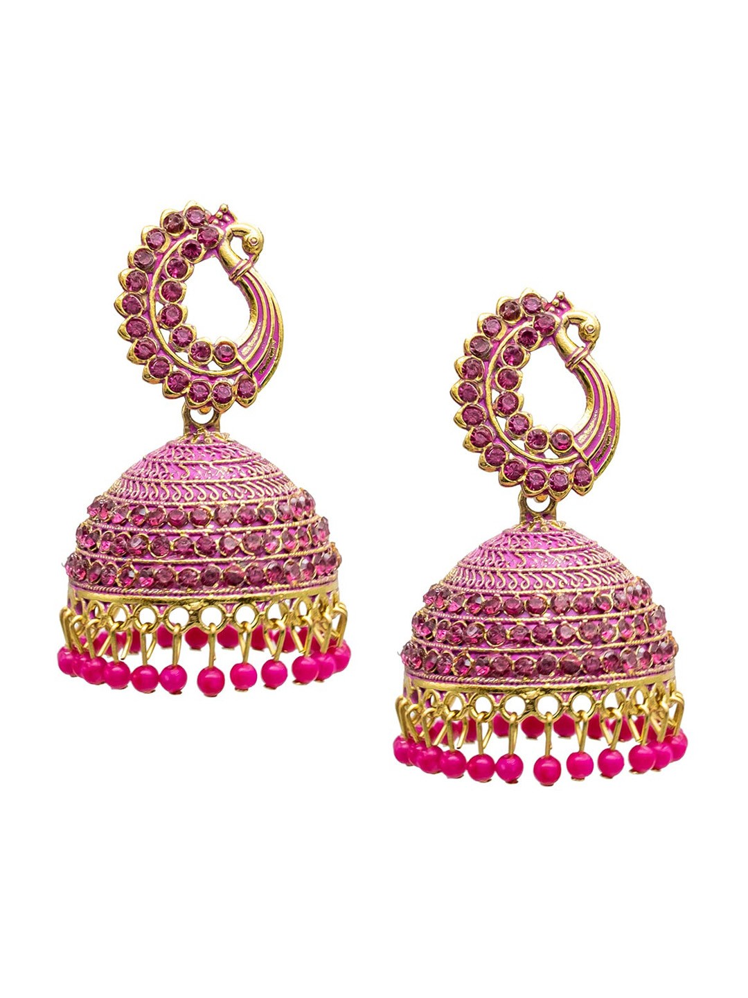 

Shining Jewel - By Shivansh Gold-Plated Cubic Zirconia- Studded Brass Dome Shaped Jhumkas, Pink