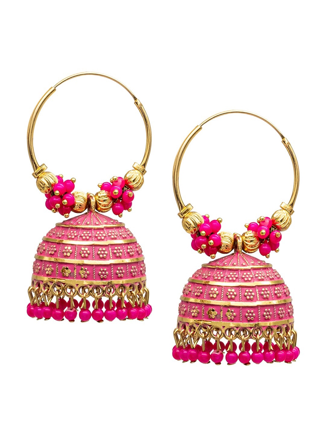 

Shining Jewel - By Shivansh Gold Plated Crystals Stone Studded Contemporary Jhumkas, Pink