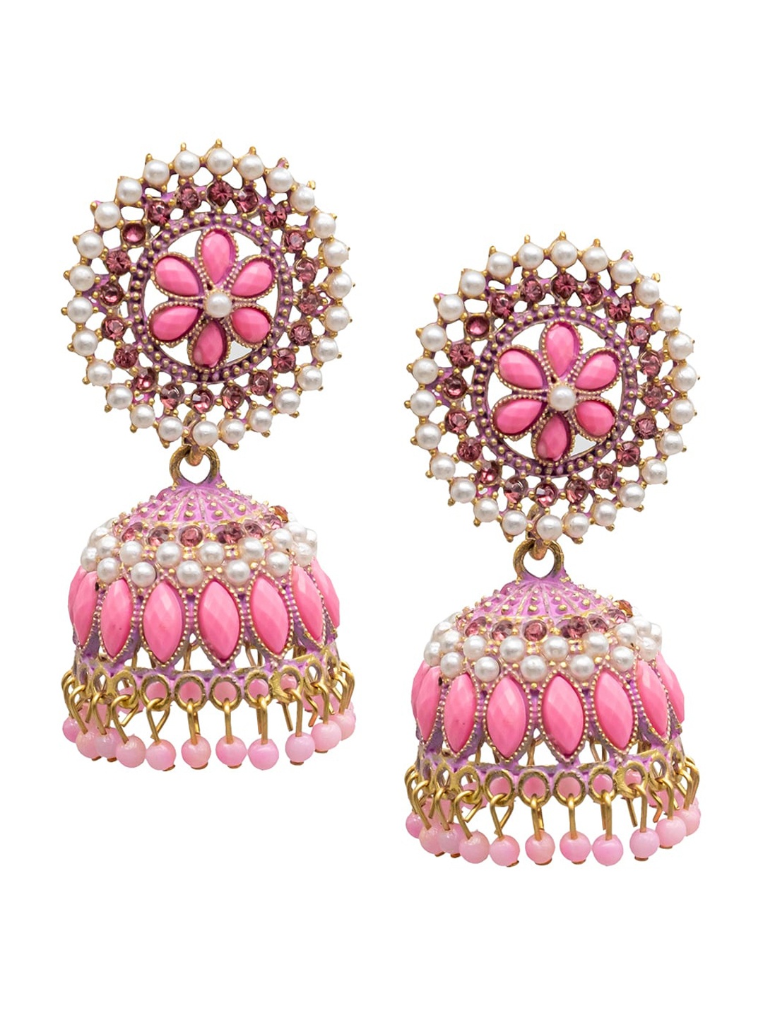 

Shining Jewel - By Shivansh Gold Plated Cubic Zirconia Dome Shaped Jhumkas, Pink