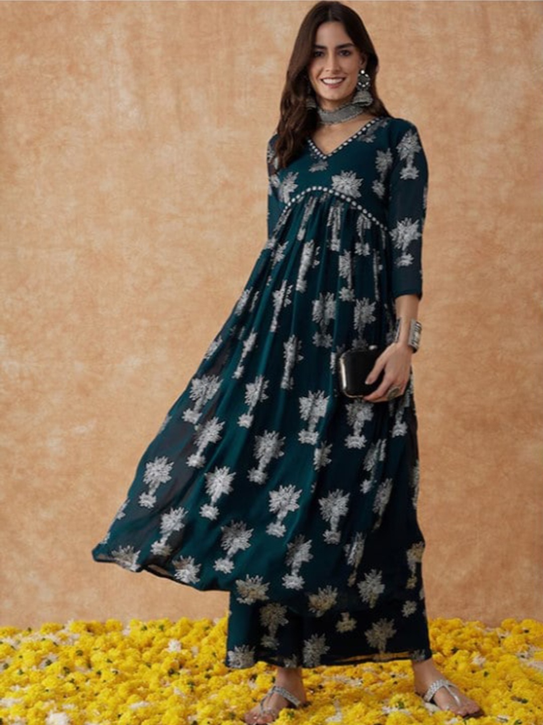 

BAESD Floral Printed V-Neck Flared Mirror Work A-Line Kurta With Palazzo, Teal