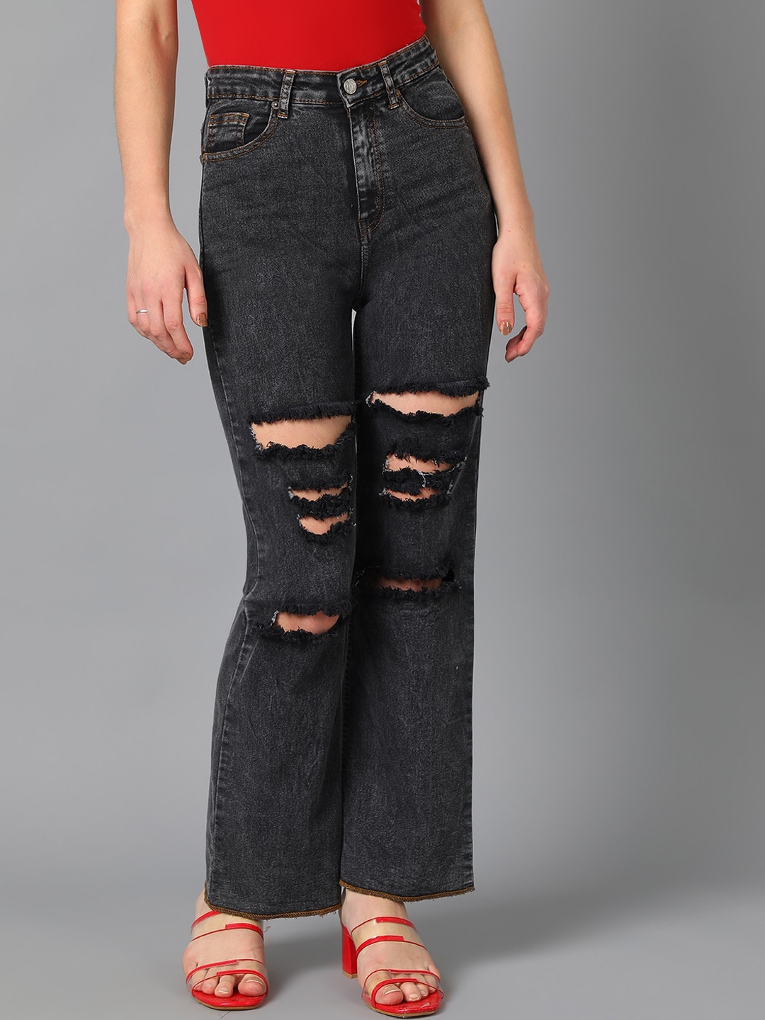 

Kotty Black Women Jean Straight Fit High-Rise Mildly Distressed Stretchable Jeans