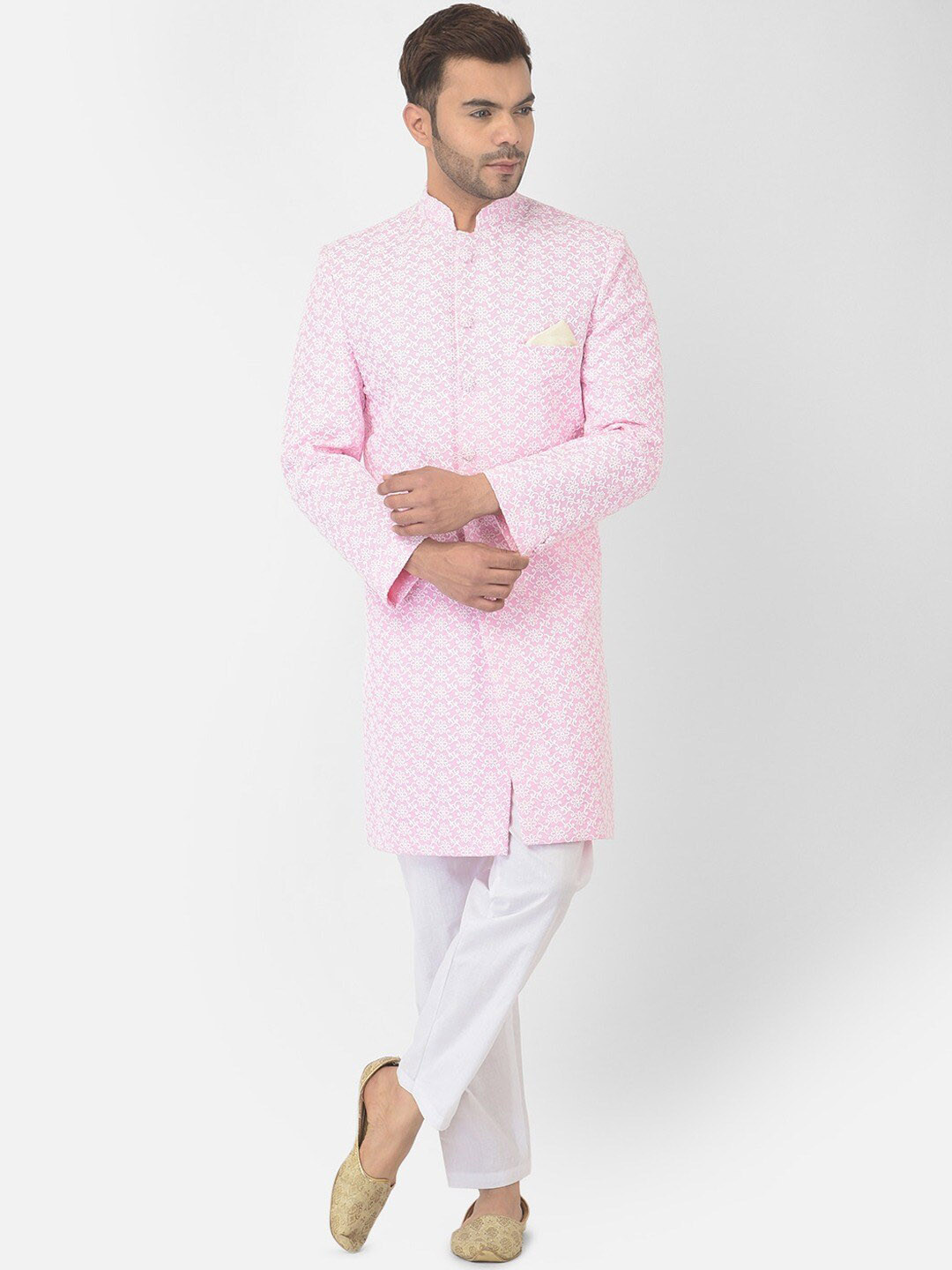 

DEYANN Embroidered Pure Cotton Chikankari Sherwani & Trouser, Pink