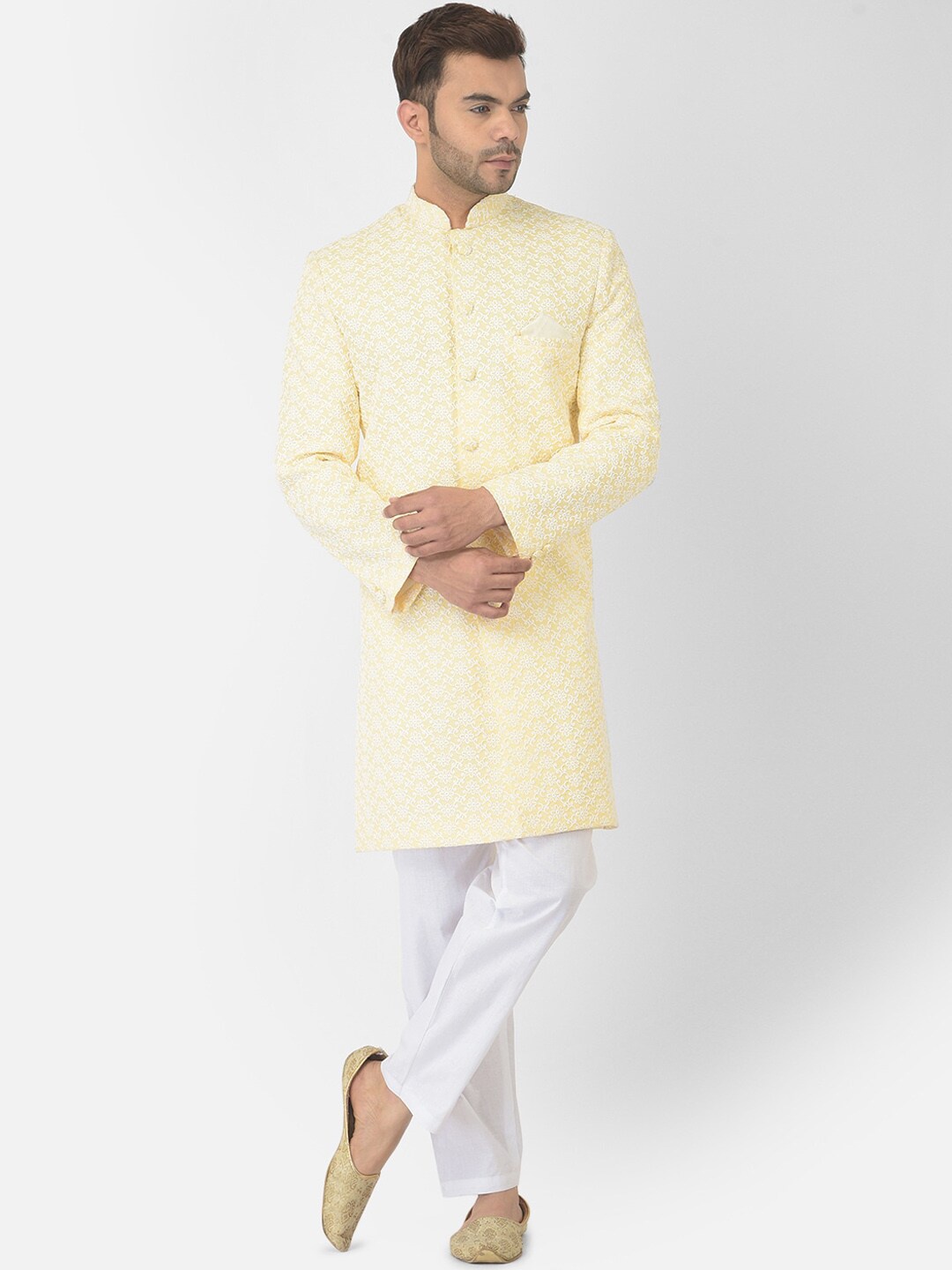 

DEYANN Embroidered Pure Cotton Chikankari Sherwani Set, Yellow