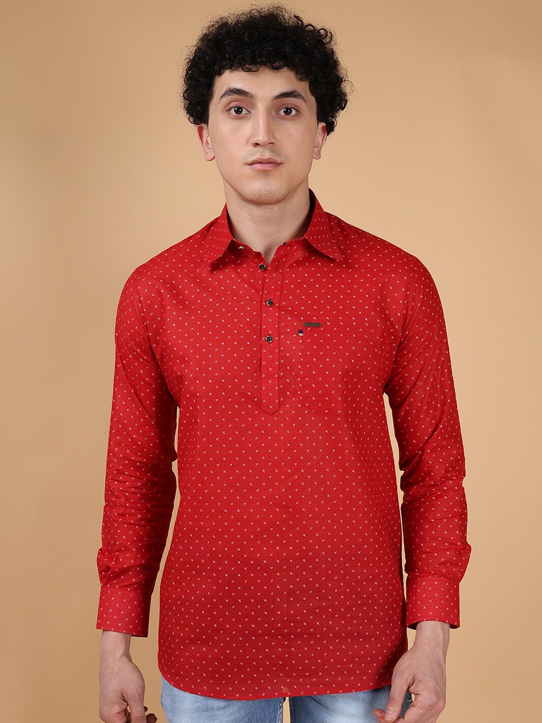 

DEVOILER Geometric Printed Shirt Collar Long Sleeves Cotton Straight Kurta, Red