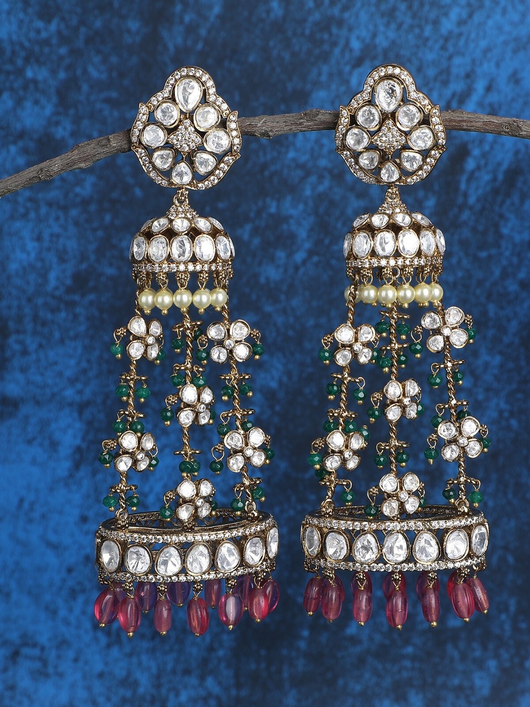 

AURAA TRENDS 22KT Gold Plated Kundan Studded Contemporary Jhumkas