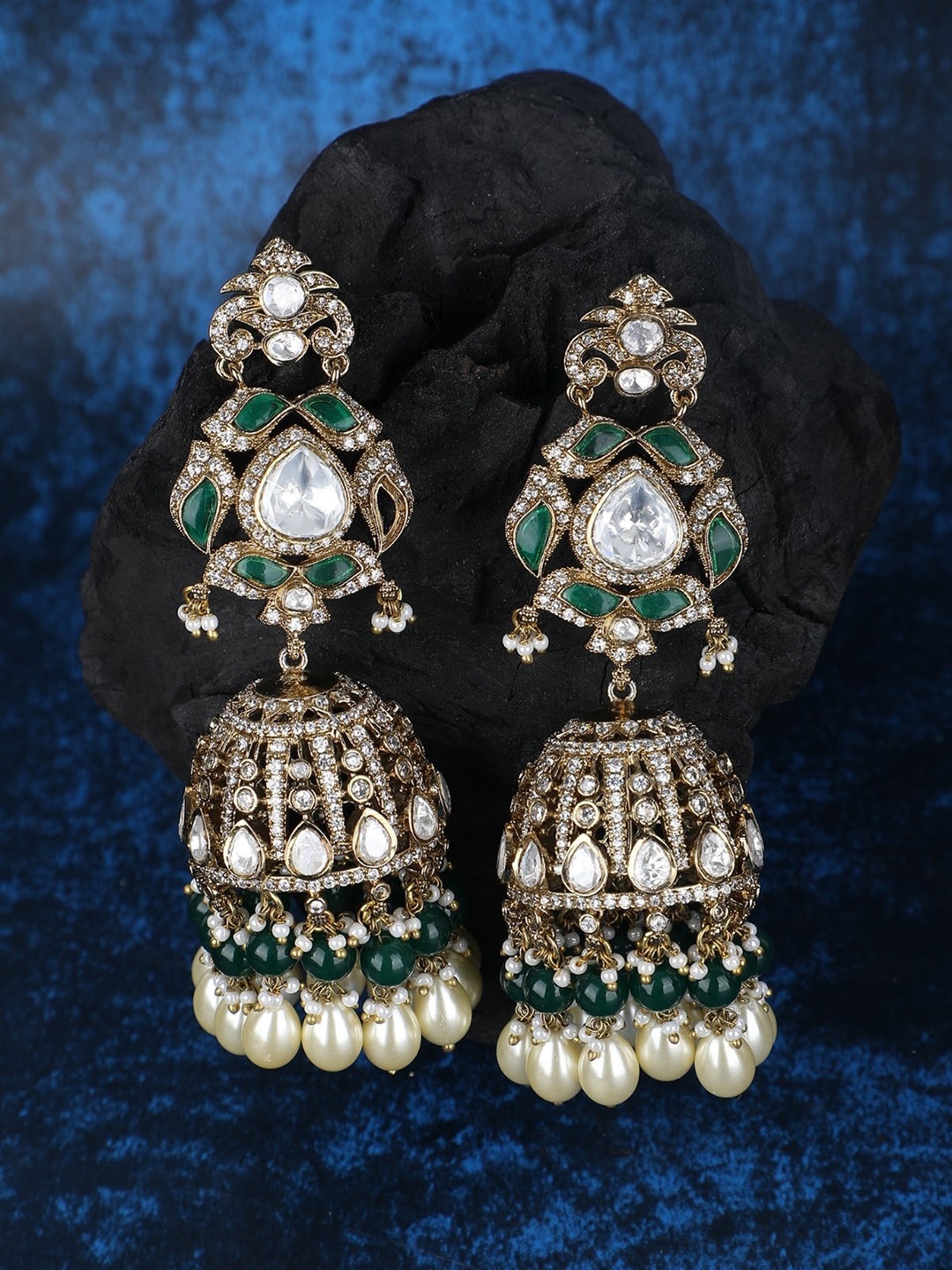 

AURAA TRENDS 22KT Gold-Plated Beaded & Stone Studed Jhumkas