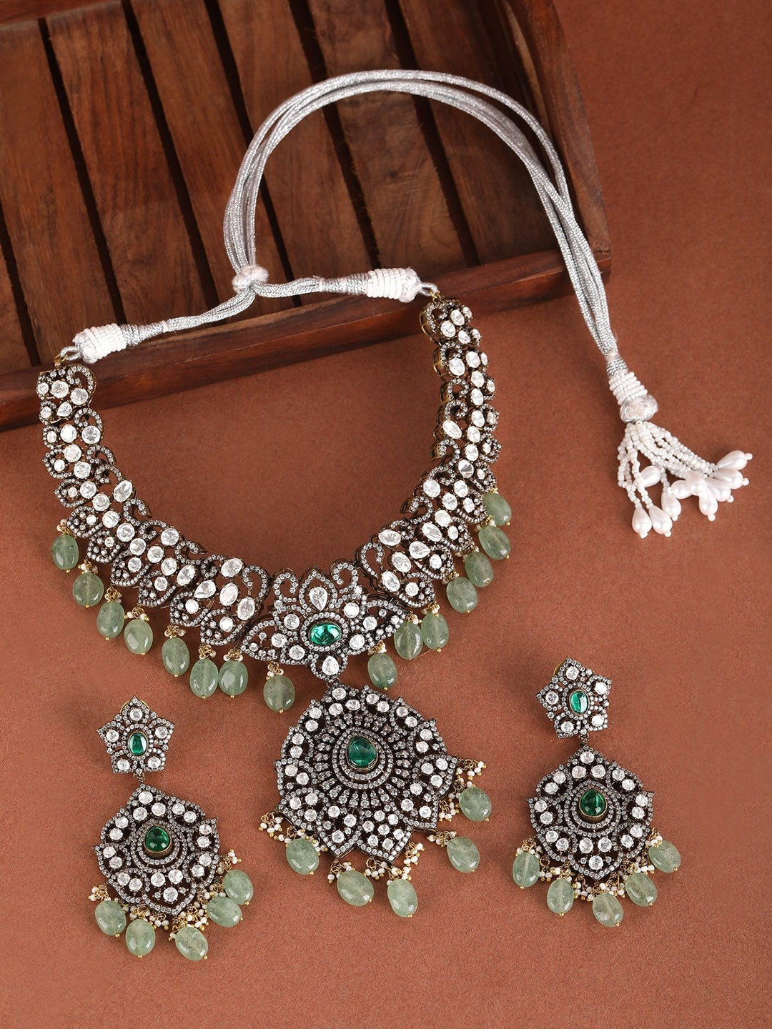 

AURAA TRENDS Rhodium Plated American Diamond Studded & Beaded Jewellery Set, Silver