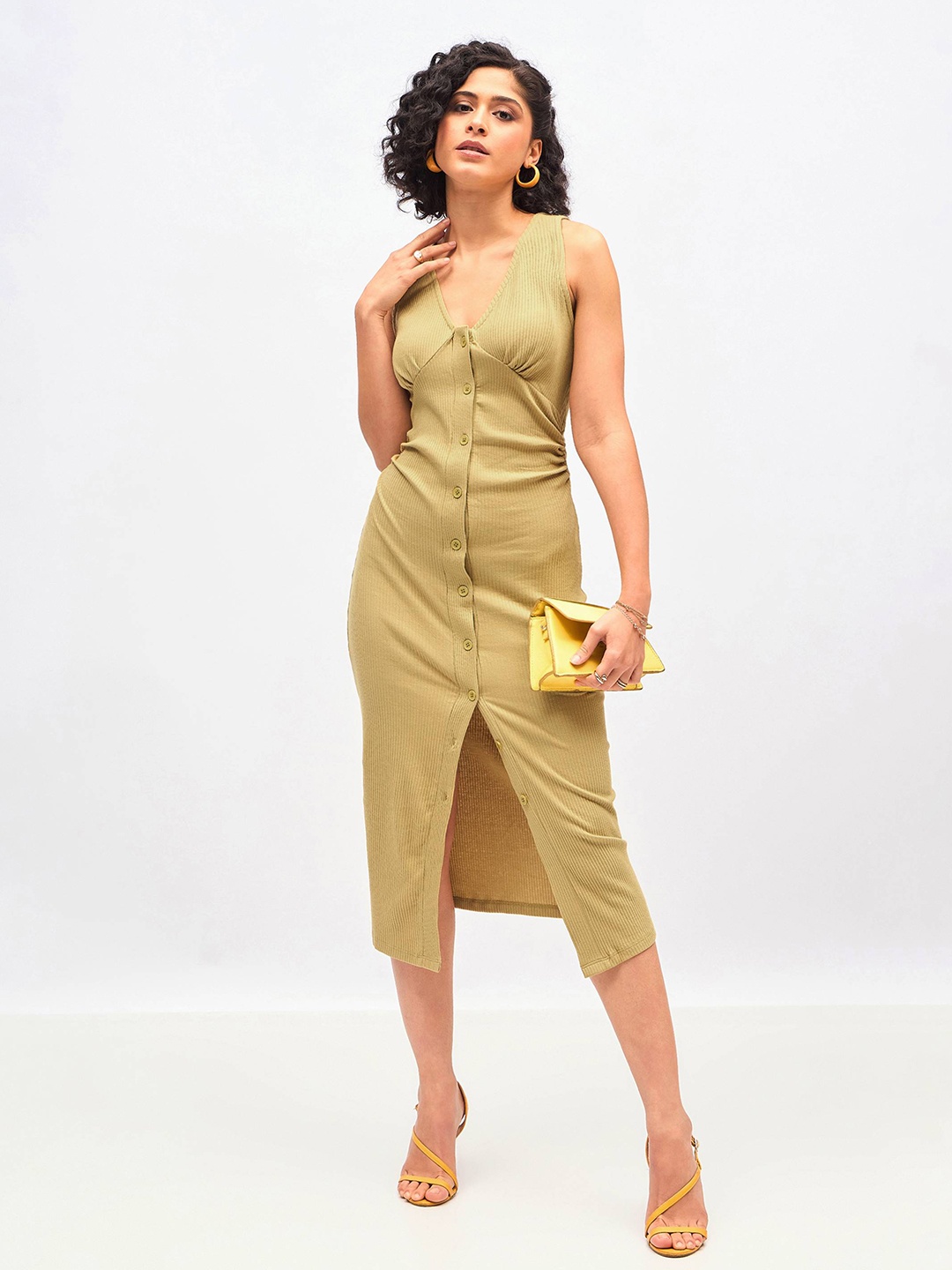 

SASSAFRAS Khaki V-Neck Sheath Midi Dress