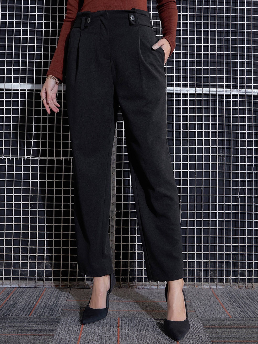 

SASSAFRAS Women Black High-Rise Pleated Trousers