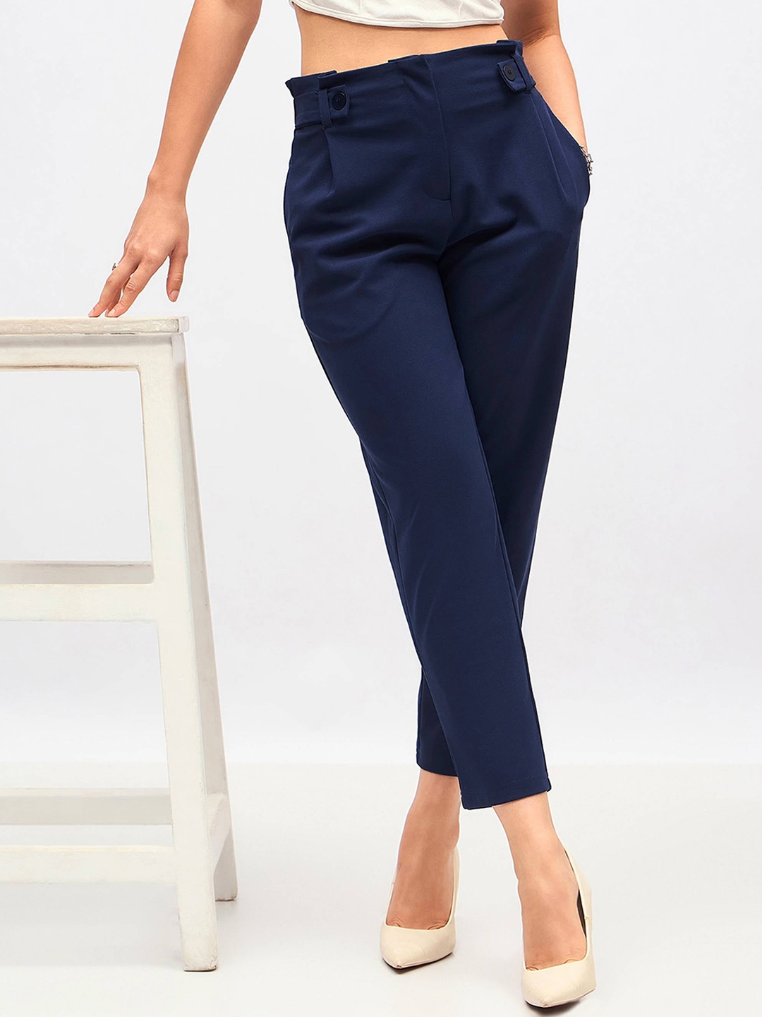 

SASSAFRAS Women Navy Blue High-Rise Trousers