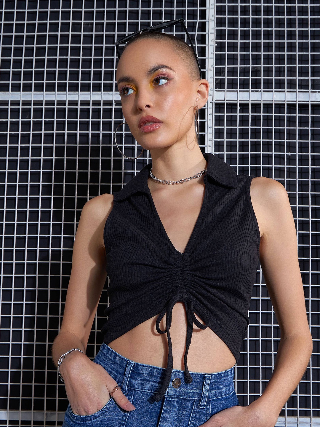 

SASSAFRAS Black Lace-Up Shirt Style Crop Top