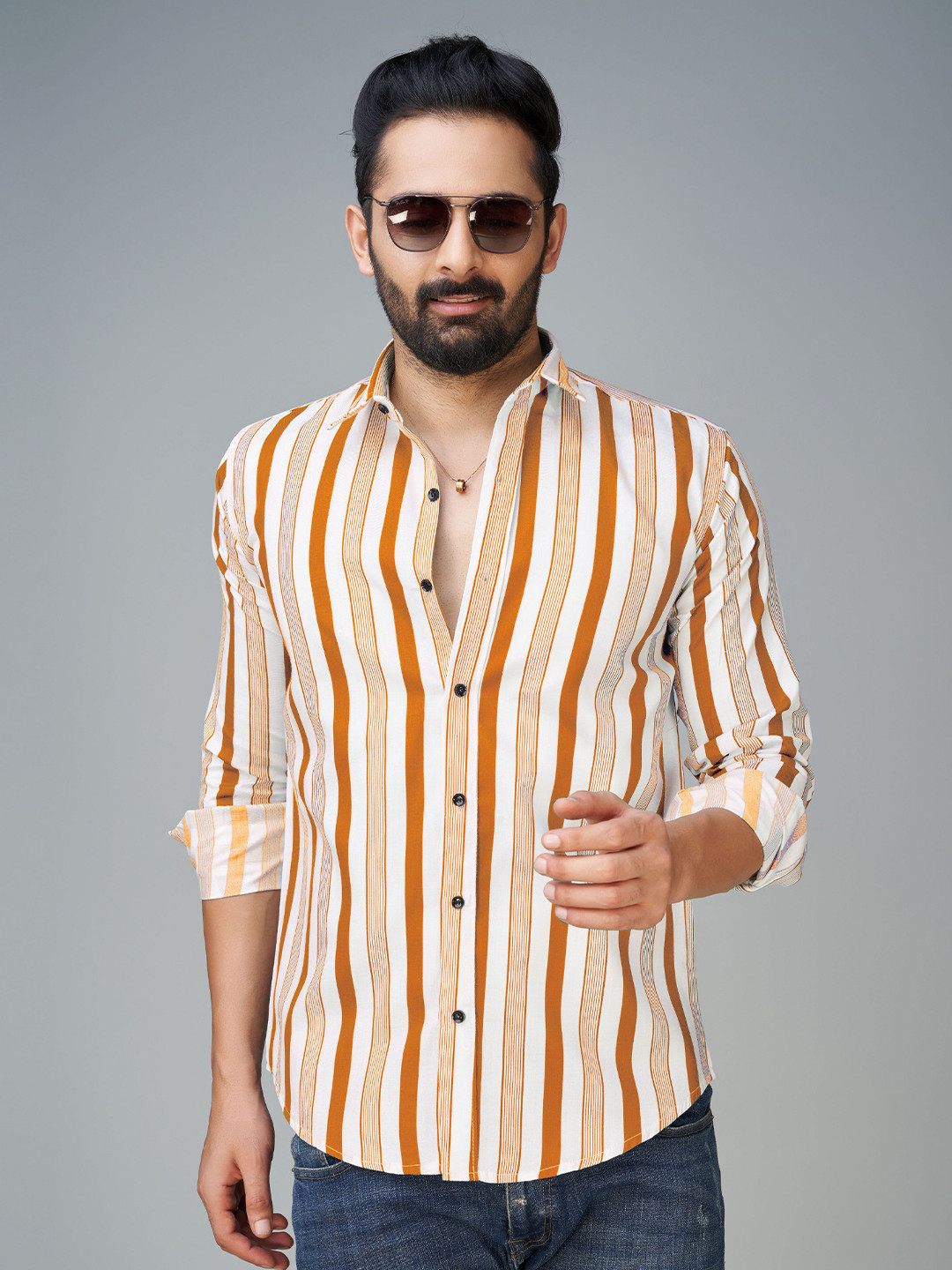 

Reeta Fashion Comfort Striped Spread Collar Cotton Casual Shirt, Gold