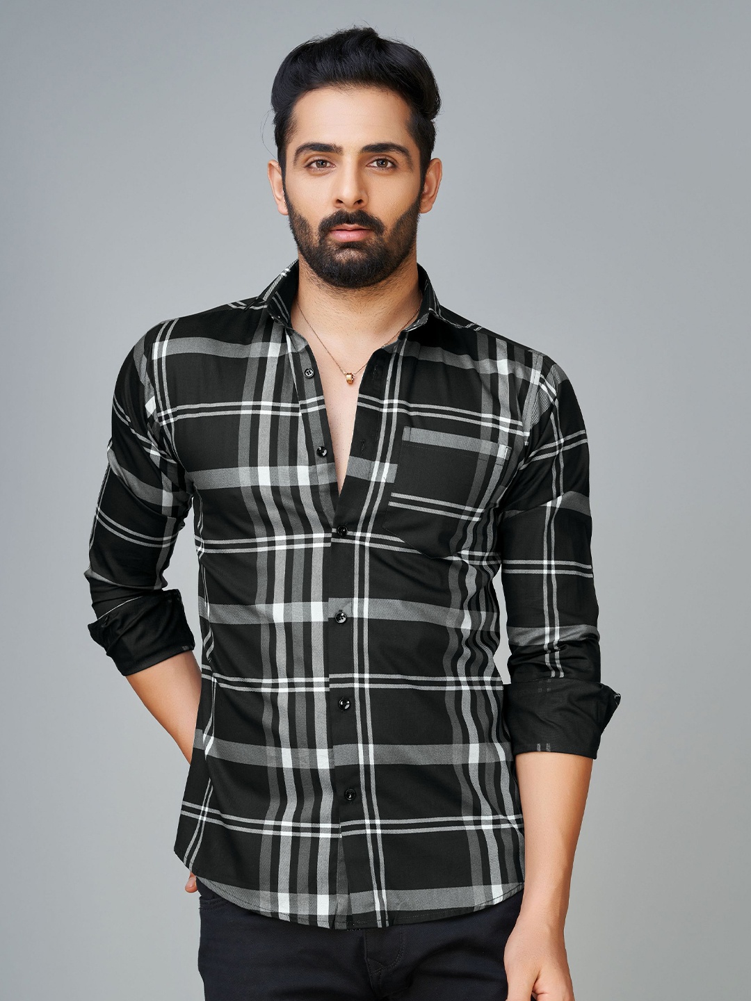 

Reeta Fashion Comfort Tartan Checked Spread Collar Cotton Casual Shirt, Black