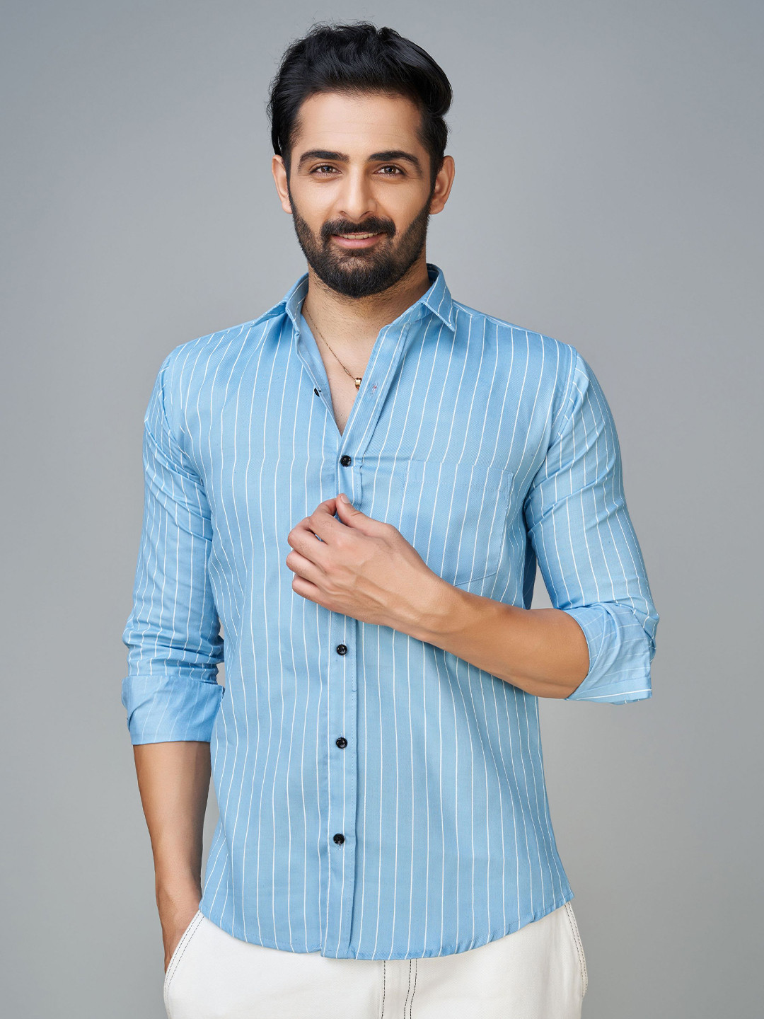 

Reeta Fashion Comfort Striped Spread Collar Long Sleeves Cotton Casual Shirt, Blue