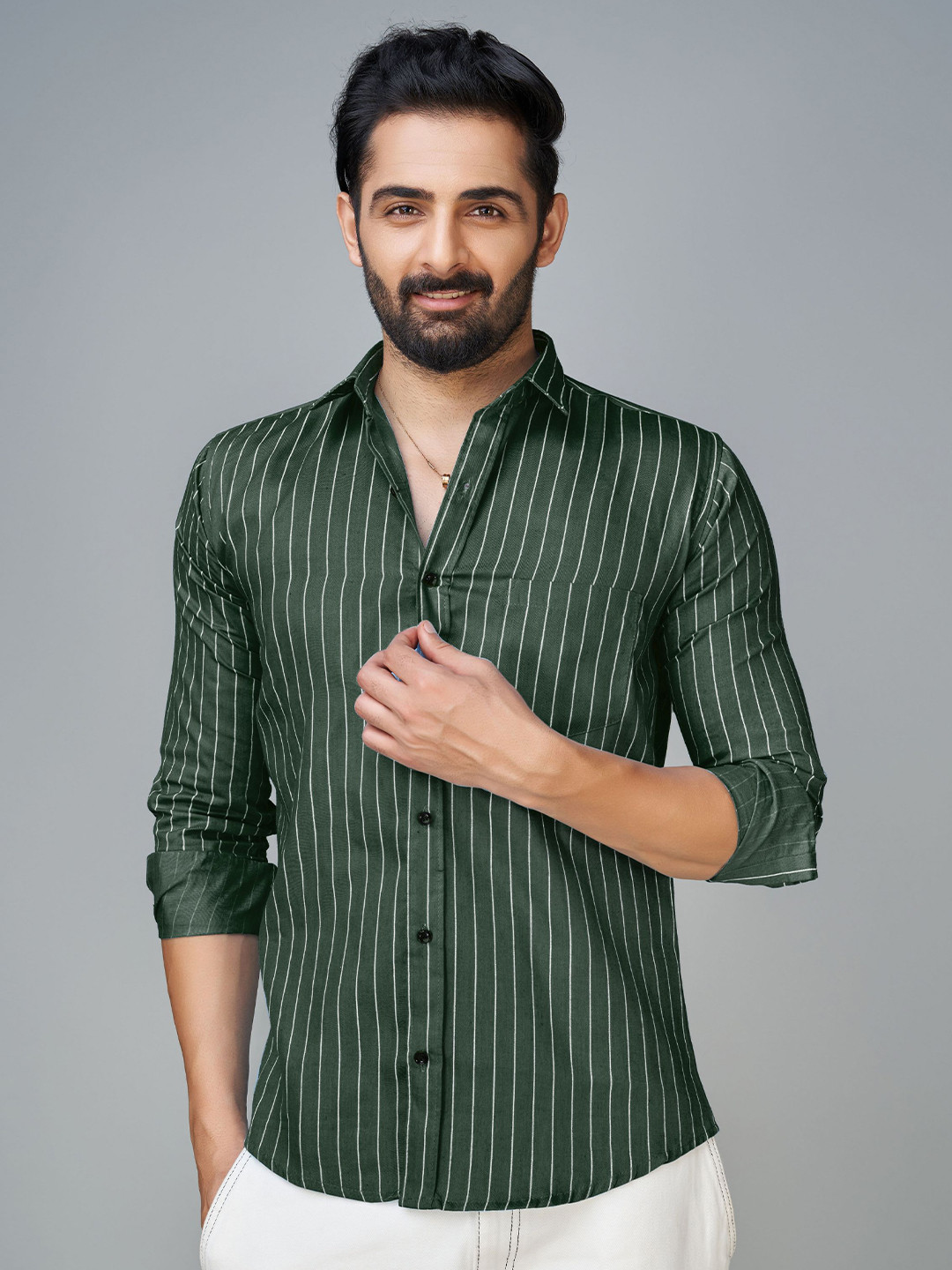 

Reeta Fashion Comfort Vertical Striped Spread Collar Cotton Casual Shirt, Green