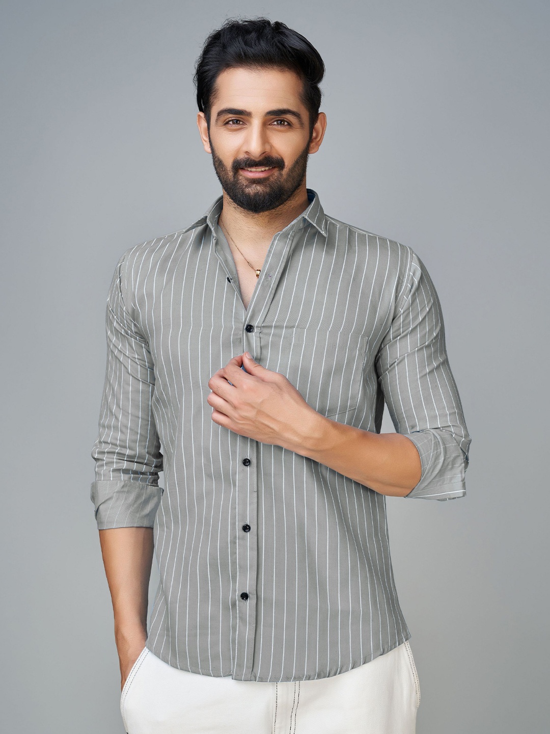 

Reeta Fashion Comfort Vertical Striped Spread Collar Cotton Casual Shirt, Grey