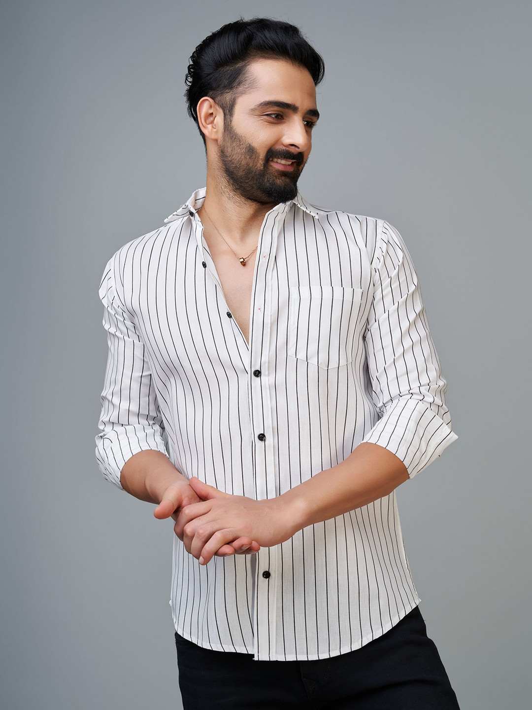 

Reeta Fashion Comfort Striped Spread Collar Long Sleeves Cotton Casual Shirt, White