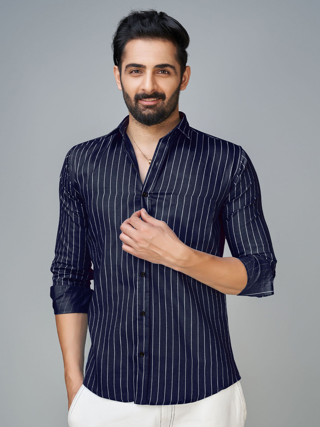 

Reeta Fashion Vertical Striped Comfort Cotton Casual Shirt, Navy blue