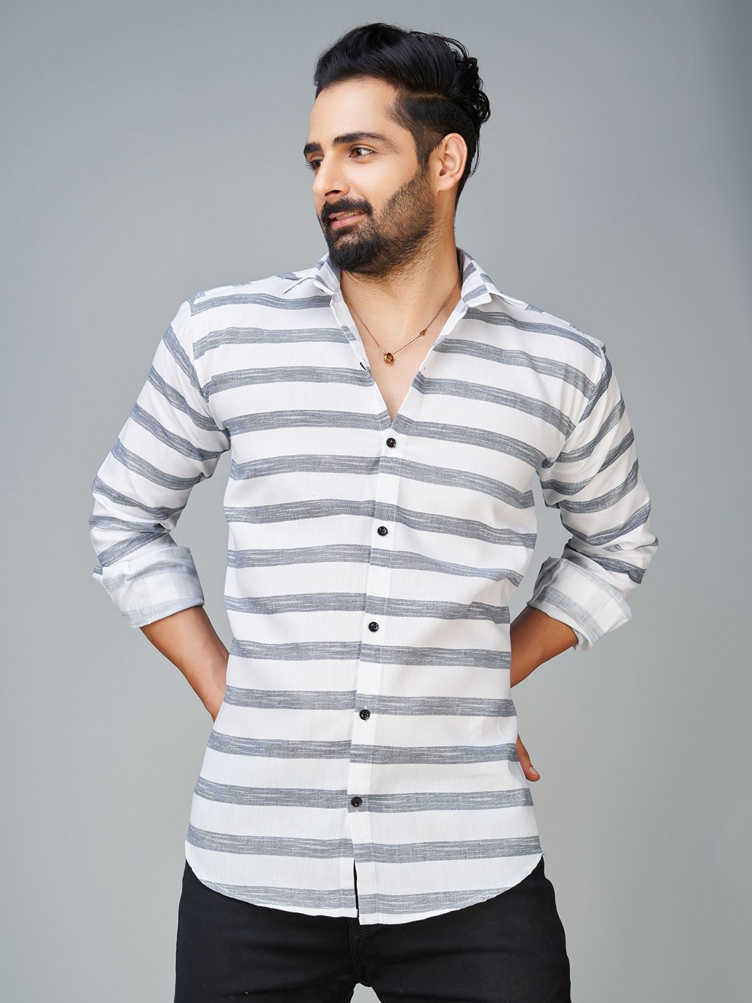 

Reeta Fashion Comfort Horizontal Striped Spread Collar Cotton Casual Shirt, White