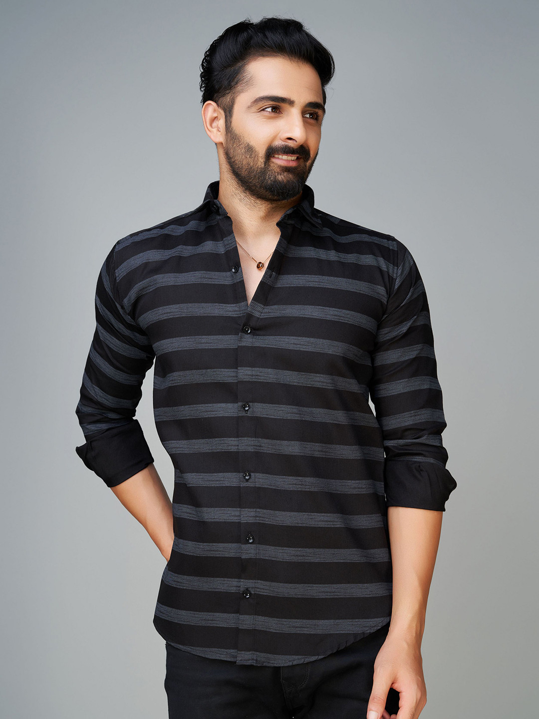 

Reeta Fashion Horizontal Striped Comfort Cotton Casual Shirt, Black