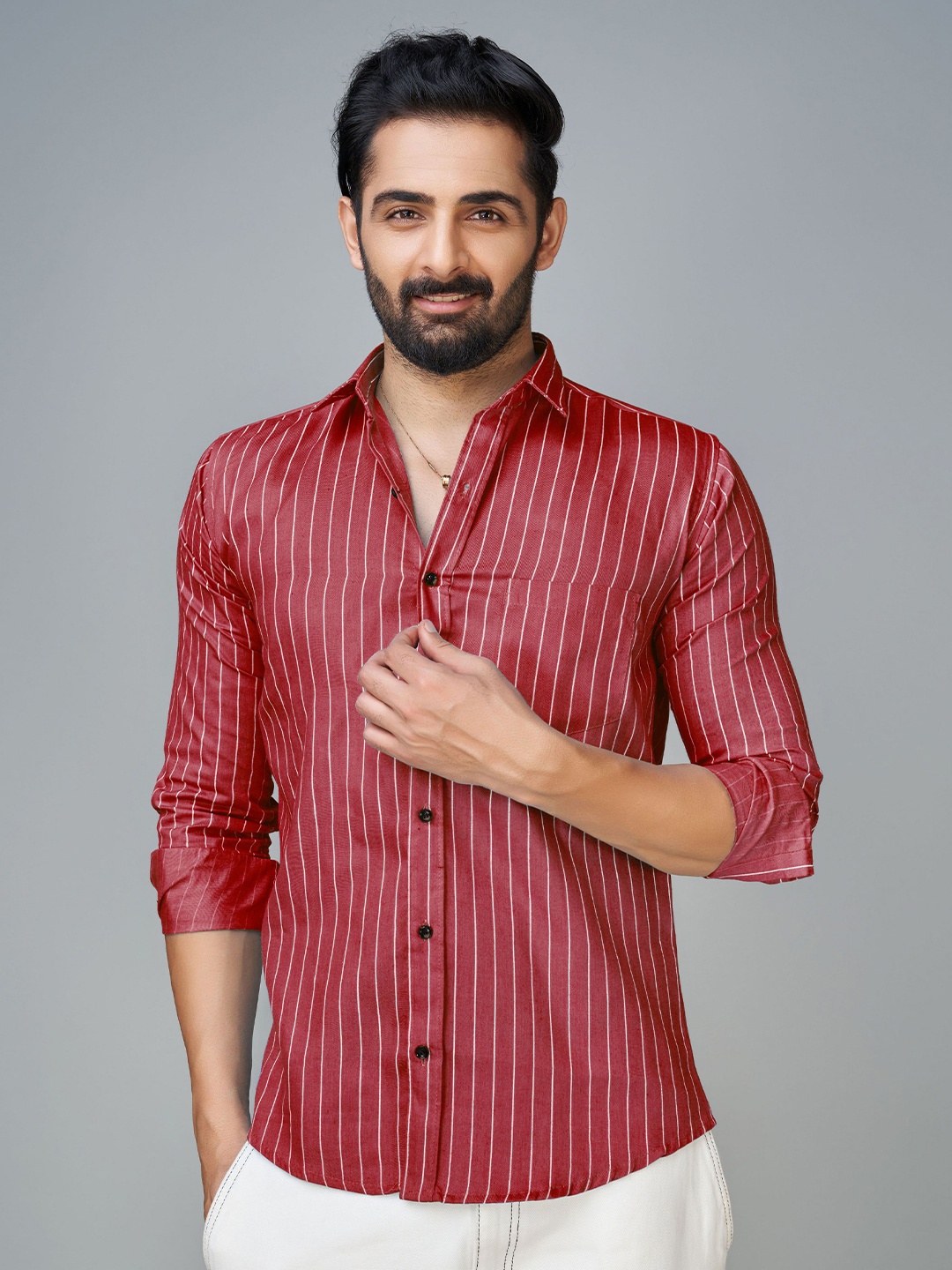 

Reeta Fashion Vertical Striped Comfort Cotton Casual Shirt, Red