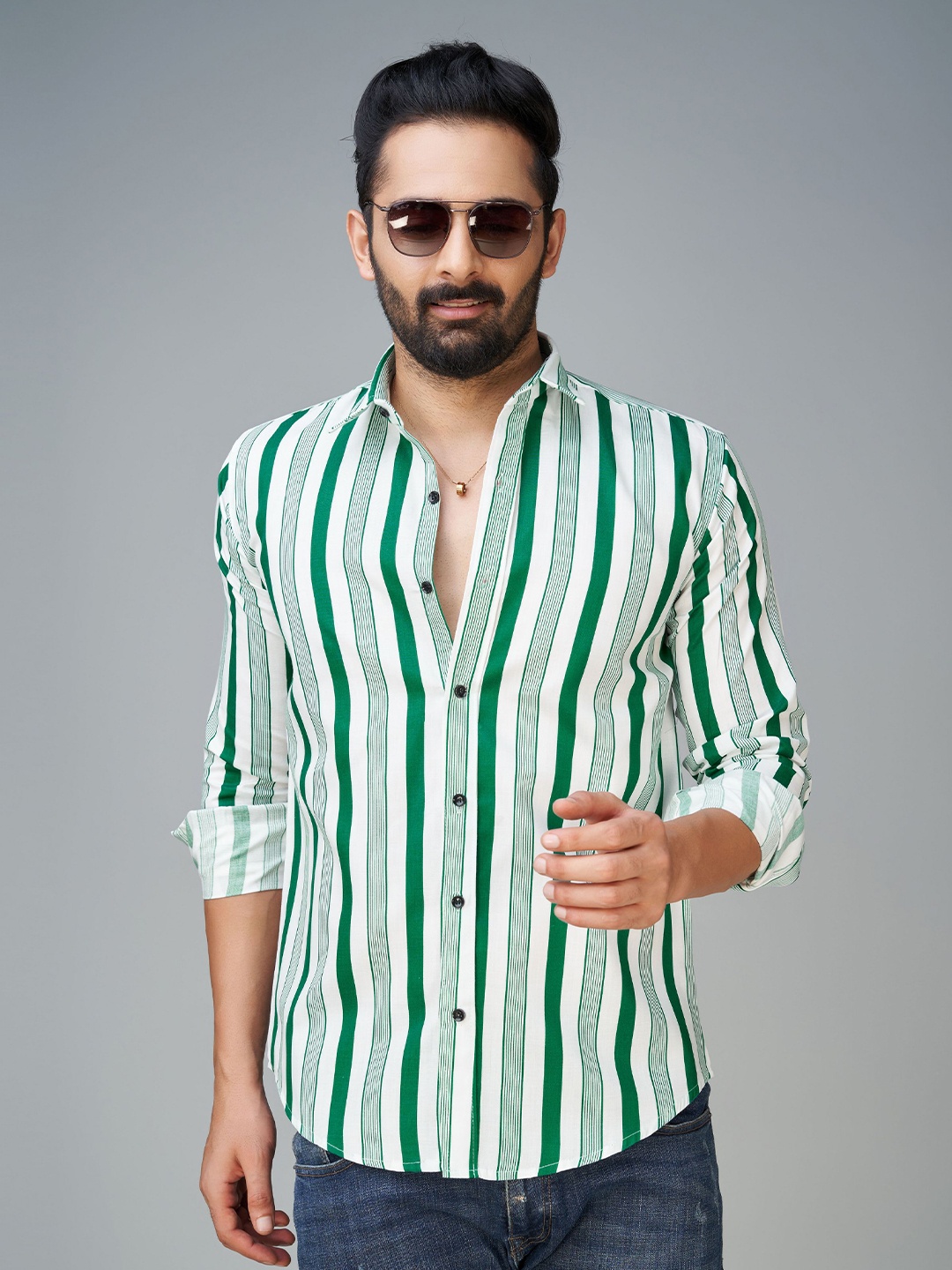 

Reeta Fashion Comfort Vertical Striped Spread Collar Cotton Casual Shirt, Green