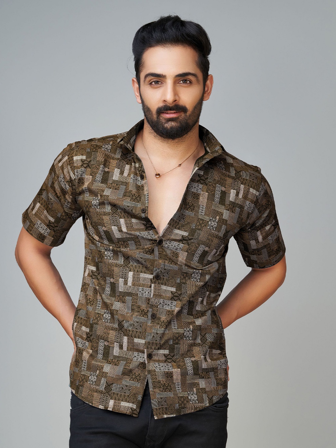 

Reeta Fashion Comfort Ethnic Motifs Printed Cotton Casual Shirt, Brown