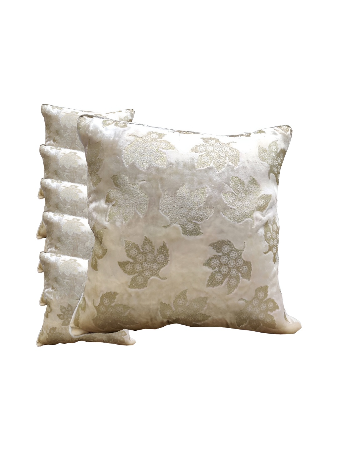 

Good Vibes Cream-Coloured & Green 6 Pcs Floral Velvet Square Cushion Covers