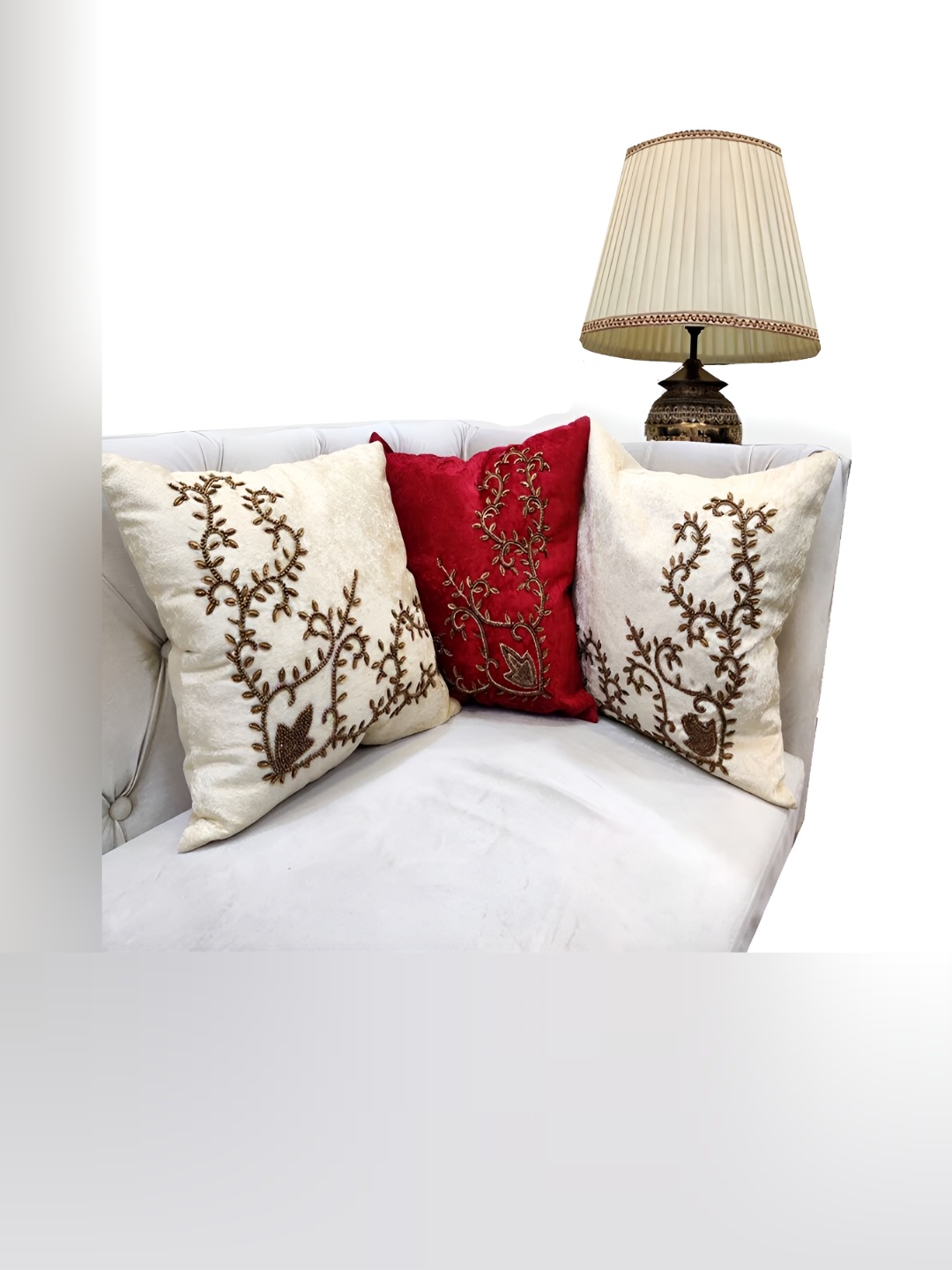 

Good Vibes Cream-Coloured & Red Set of 3 Geometric Velvet Square Cushion Covers