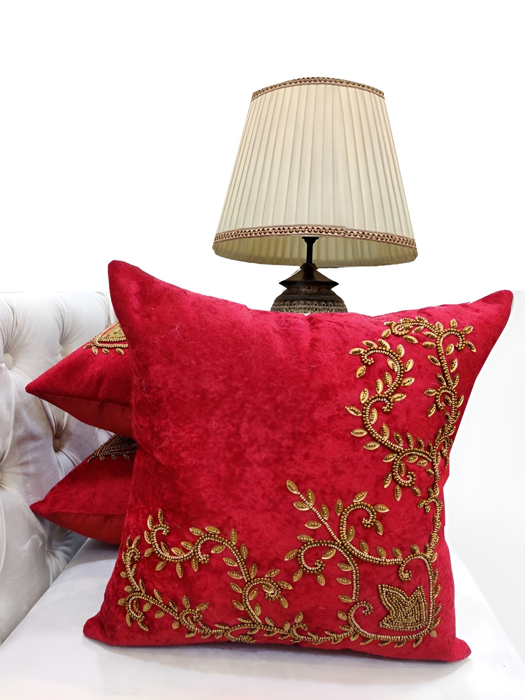 

Good Vibes Maroon & Gold-Toned 3 Pieces Ethnic Motifs Velvet Square Cushion Covers