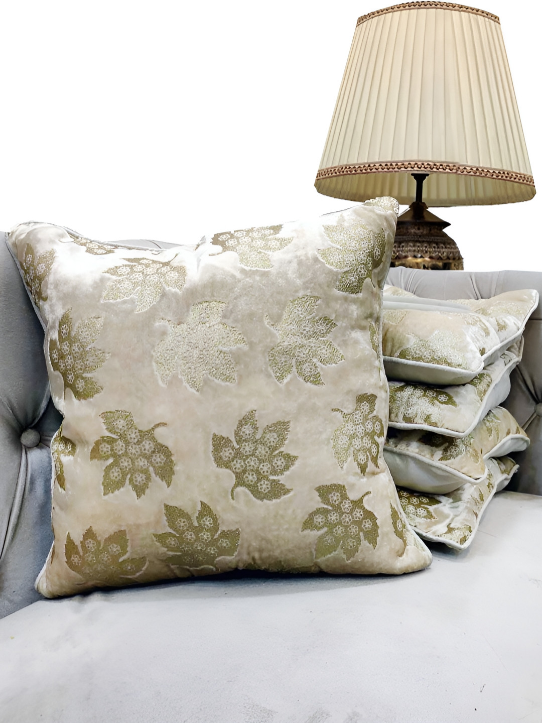 

Good Vibes Cream-Coloured & Green 5 Pieces Geometric Velvet Square Cushion Covers