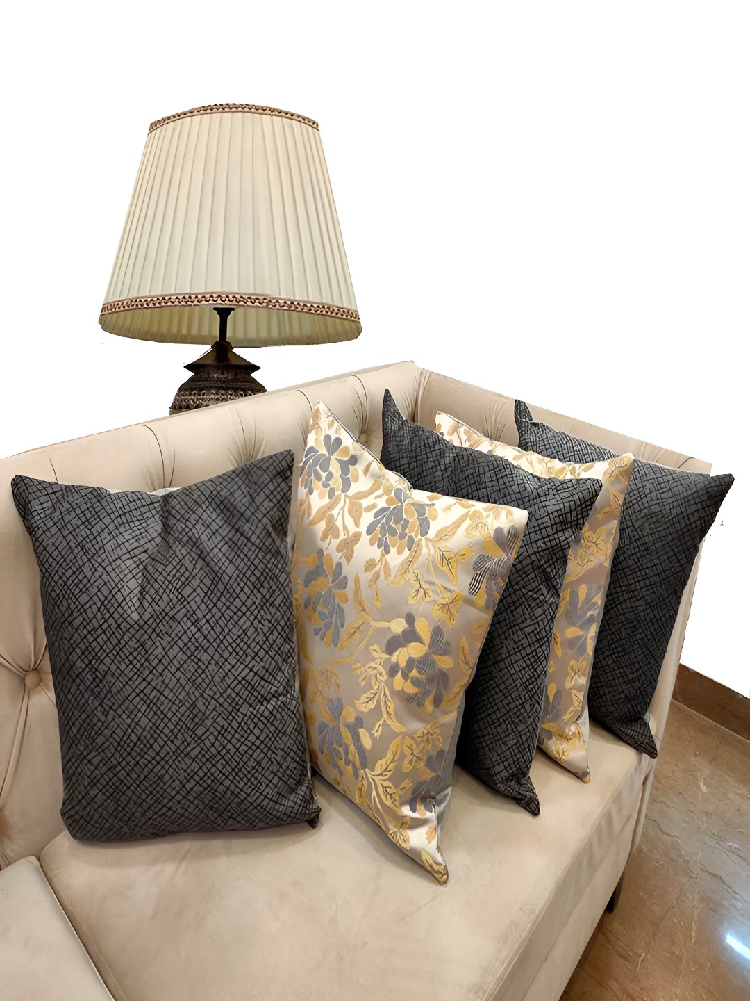 

Good Vibes Grey & Gold-Toned 5 Pieces Ethnic Motifs Square Cushion Covers