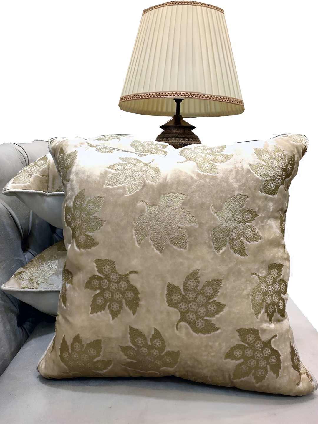 

Good Vibes Cream-Coloured & Gold-Toned Set of 3 Floral Velvet Square Cushion Covers