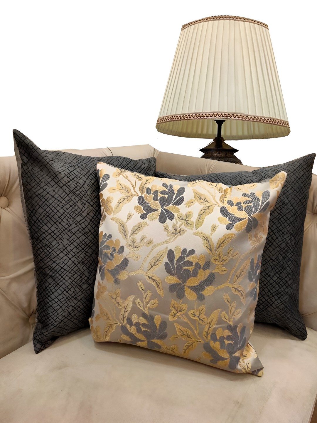 

Good Vibes Grey & Gold-Toned Set of 3 Ethnic Motifs Square Cushion Covers