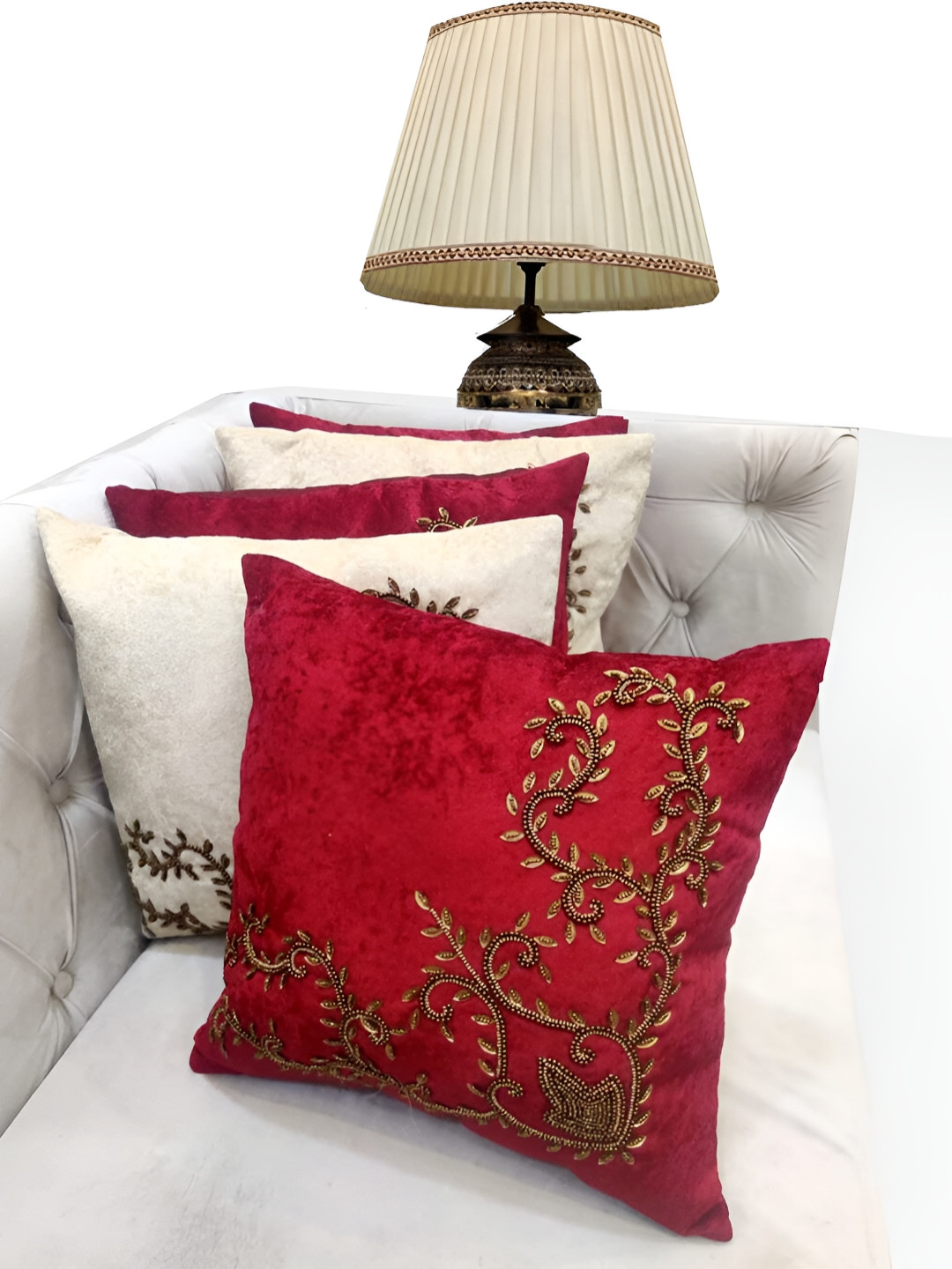 

Good Vibes Cream-Coloured & Red Set of 5 Abstract Velvet Square Cushion Covers